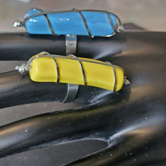 Southwest Turquoise Serpentine Rings Wire Wrapped Adjustable Ceramic Handmade - Picture 3 of 14